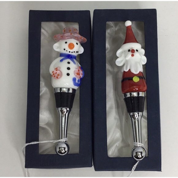 Hand Blown Christmas Wine Bottle Stopper NEW Santa Glass Snowman - Picture 1 of 3
